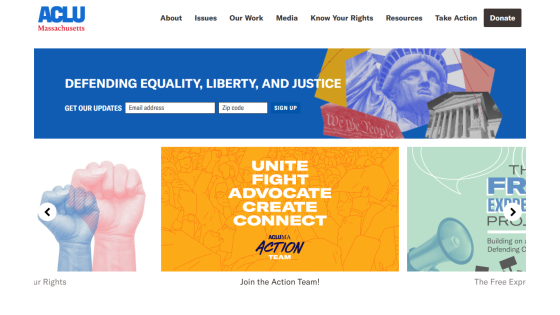 ACLU Massachusetts website header with navigation and hero section promoting equality, liberty, and justice with email signup and action team call