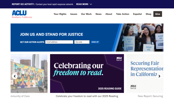 ACLU website with navigation bar, call to action to join, and featured content on freedom to read and securing fair representation