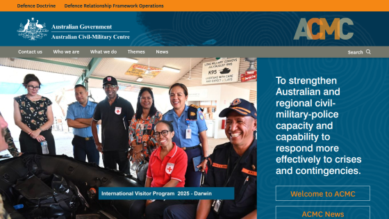 Australian Civil-Military Centre homepage with group photo and mission statement to strengthen civil-military-police capacity