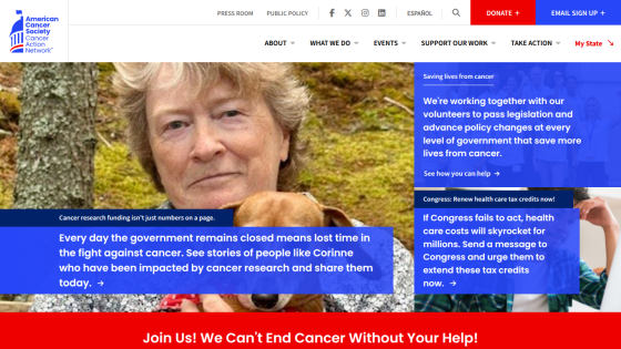 American Cancer Society site urging action on cancer research funding and health care tax credits with volunteer and donation options.