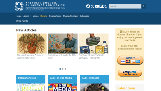 Homepage of the American Council on Science and Health featuring new articles and donation options.