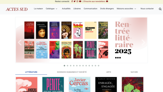 Homepage of Actes Sud featuring book covers and a 2025 literary event announcement.