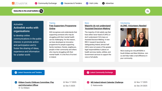 Activelink homepage promoting online communications for public interest with news, training, volunteering, and latest vacancies sections