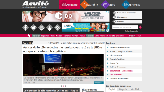 French optics news portal with headline on eyeglass reimbursement delay and market impact, plus navigation and ads