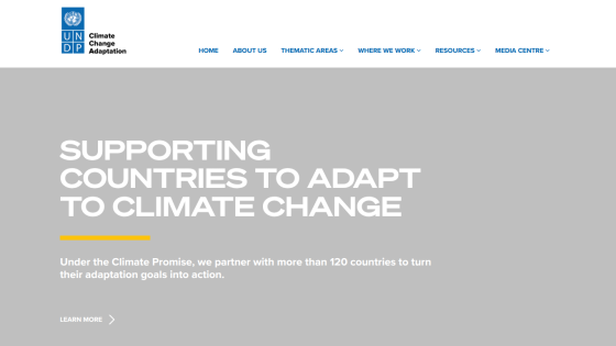 UNDP Climate Change Adaptation homepage with message supporting countries to adapt to climate change and a call to action