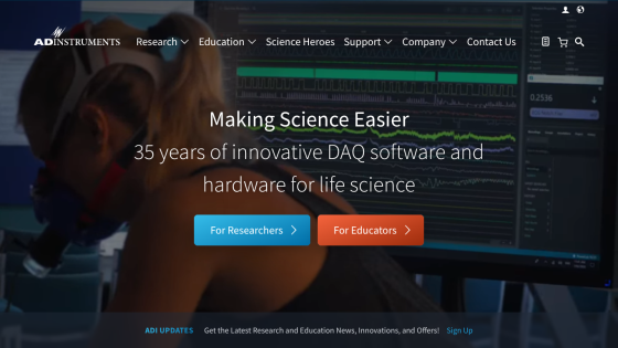 Homepage of ADInstruments showcasing 35 years of DAQ software and hardware for life science with options for researchers and educators