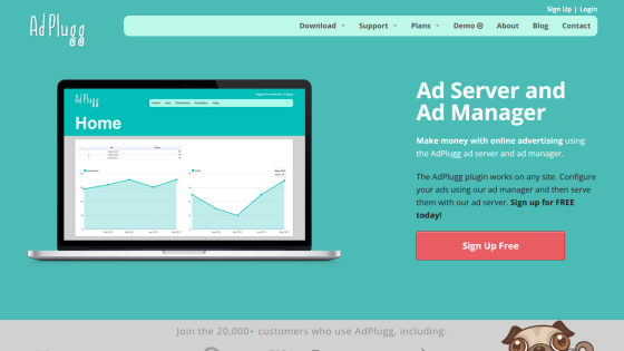 Homepage of AdPlugs showing ad server dashboard and sign-up button.
