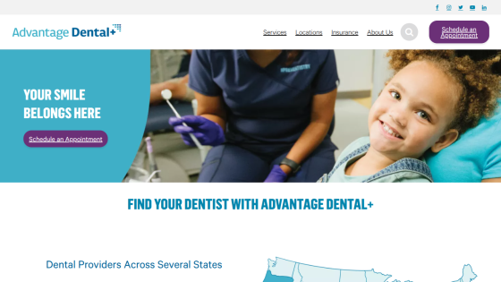 Dental service homepage with a smiling child, slogan 'Your Smile Belongs Here', and appointment scheduling options.