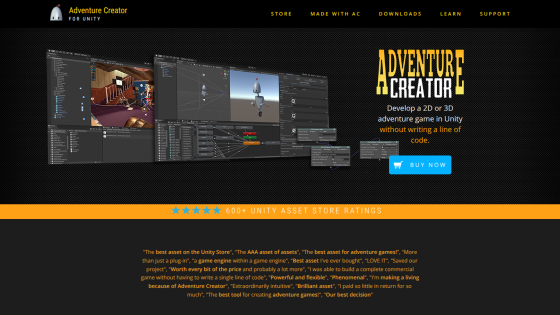 Adventure Creator website showcasing game development tools with a buy button.