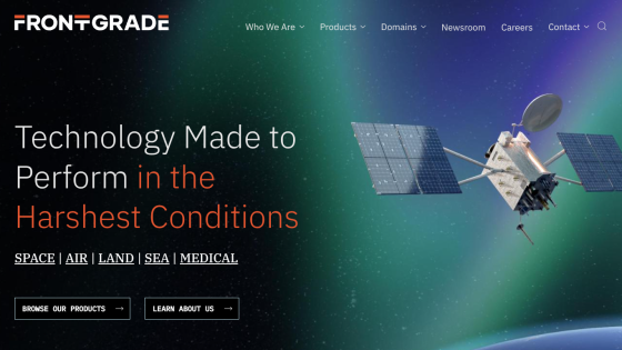 Frontgrade homepage with navigation and hero text about technology performing in harsh conditions, featuring a satellite image