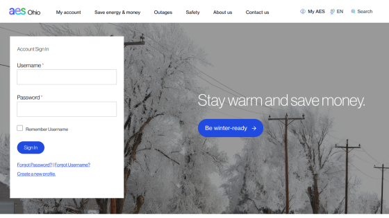 AES Ohio login page with username and password fields and winter energy saving promotion