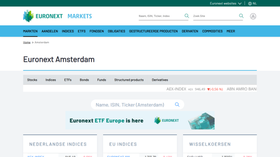 Euronext Amsterdam market page with navigation tabs, search bars, and market indices overview including AEX-Index data.