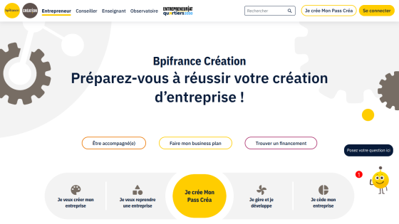 Bpifrance Création homepage encouraging successful business creation with navigation and call-to-action buttons