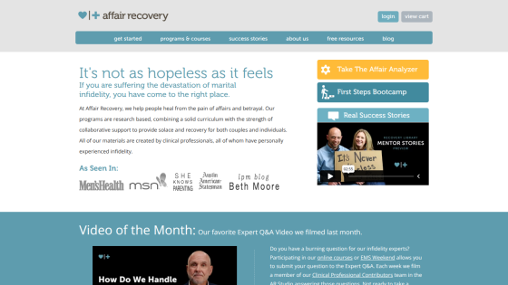 Affair Recovery homepage with navigation, healing message for marital infidelity, featured media logos, and expert Q&A video section