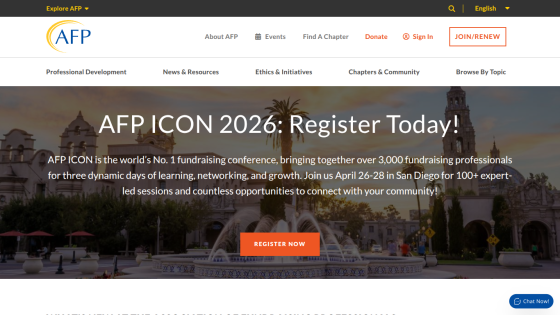 AFP ICON 2026 fundraising conference registration with event details and register button over cityscape background.