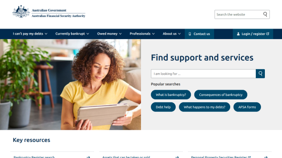 Australian Government financial security site with search for support and services, popular bankruptcy-related topics, and key resources.