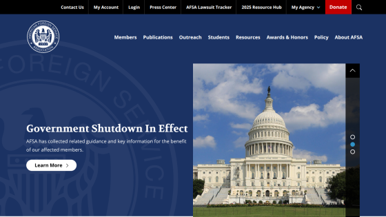 AFSA homepage with government shutdown notice and US Capitol building image