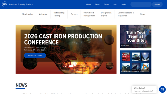 American Foundry Society homepage featuring 2026 Cast Iron Production Conference registration and metalcasting industry news