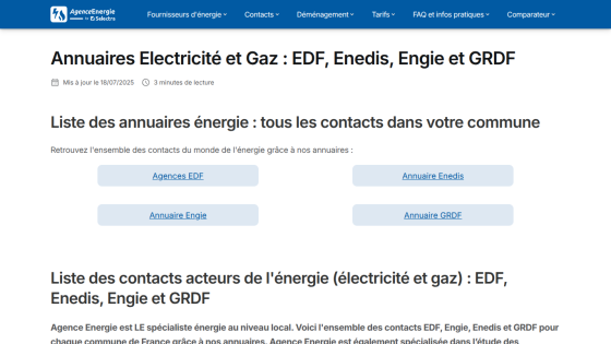 Energy directory listing contacts for EDF, Enedis, Engie, and GRDF with navigation menu and article date