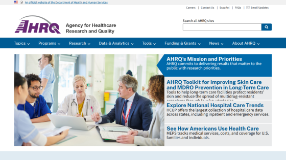 Agency for Healthcare Research and Quality homepage with mission statement and links to toolkits and health care data
