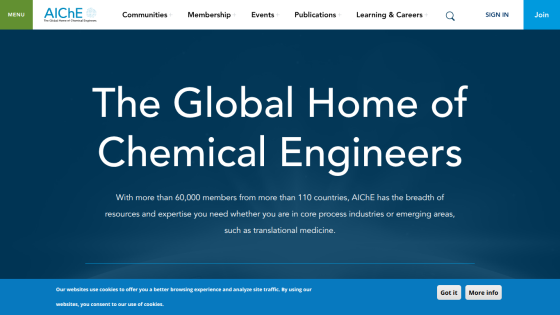 Homepage of AIChE featuring a headline about chemical engineers and membership information.