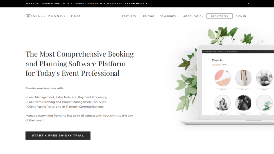 Comprehensive booking and planning software platform for event professionals with a call to action.