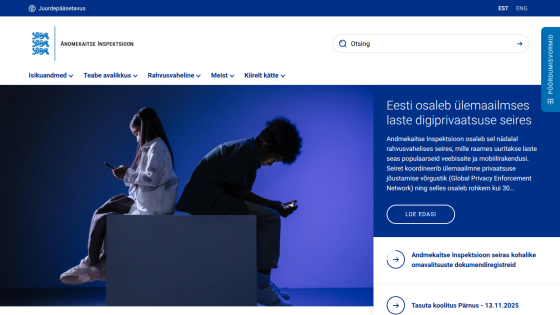Estonian Data Protection Inspectorate homepage with navigation, search, and news about global child digital privacy monitoring