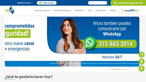 Alcanos de Colombia website header with navigation and hero promoting WhatsApp contact at 315 603 3014 with 24/7 service