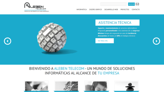 Homepage of Aleben Telecom featuring technical assistance and company introduction.