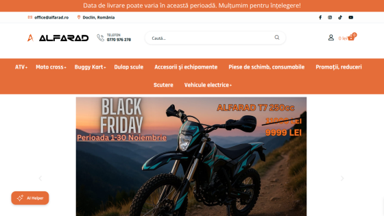 Alfarad website with Black Friday promotion for T7 250cc motorcycle discounted to 9999 LEI in November