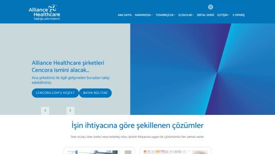 Alliance Healthcare homepage featuring services and a call to action button.