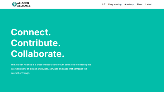 Homepage of the AllSeen Alliance featuring a tagline about connectivity and collaboration.