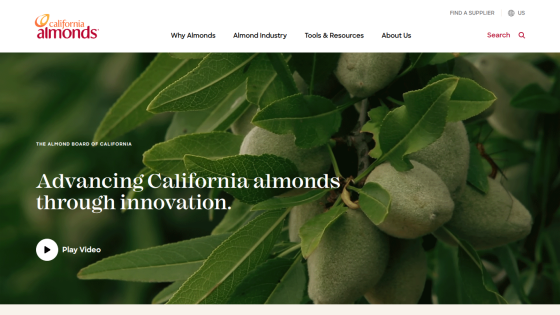 California Almonds website with navigation and hero text advancing California almonds through innovation over almond tree background