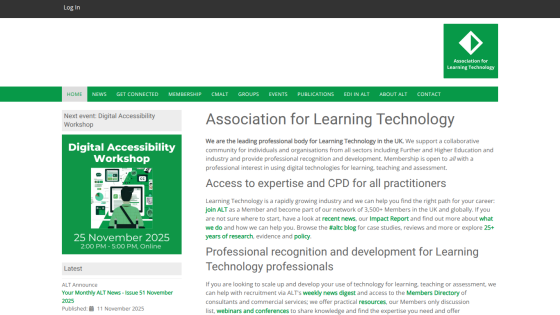 Association for Learning Technology homepage with event info, membership benefits, and professional development details