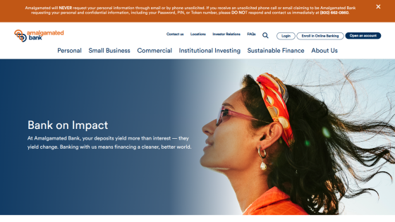 Bank on Impact homepage with navigation and a woman wearing a colorful headscarf looking upward