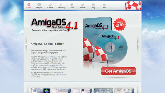 AmigaOS 4.1 Final Edition homepage with product details, price EUR 29.95, and a Get AmigaOS button.