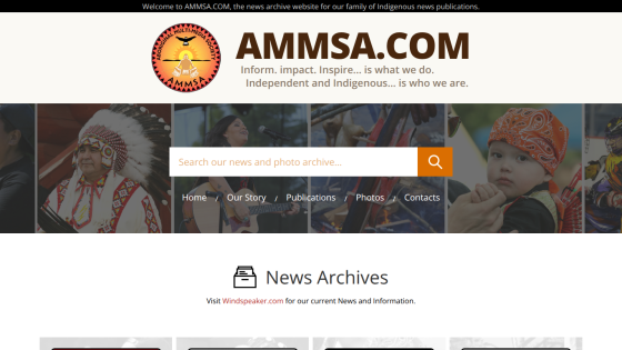 AMMSA.COM news archive homepage with Indigenous news focus, search bar, navigation menu, and hero images.