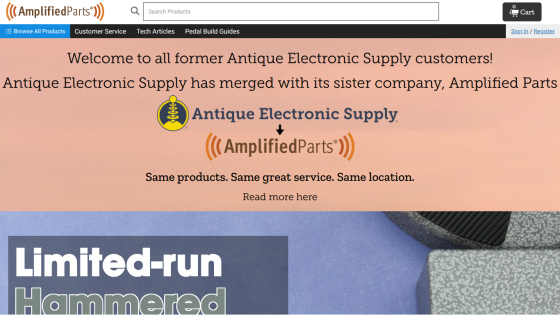 Announcement of Antique Electronic Supply merging with Amplified Parts, with branding and introductory text