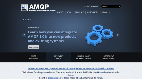 AMQP website homepage with navigation, search, and hero section about integrating AMQP 1.0 into products and systems