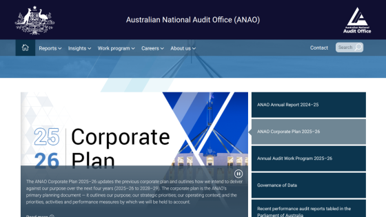 Australian National Audit Office homepage featuring the 2025-26 Corporate Plan with navigation menu and report links