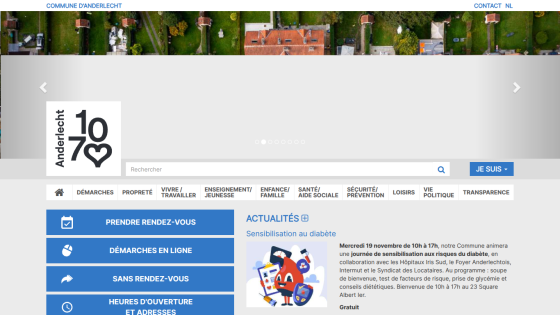 Commune d'Anderlecht website with navigation menu, appointment options, and diabetes awareness event details