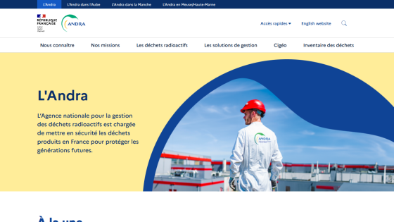 L'Andra agency managing radioactive waste in France to protect future generations, with navigation and a worker image.