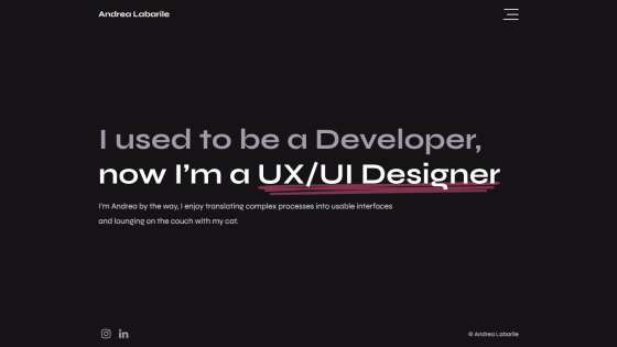 A UX/UI designer introduces themselves with a bold statement on a dark background.