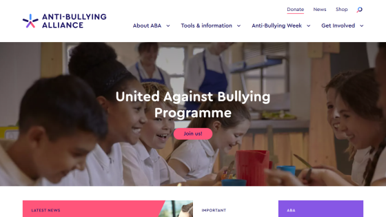 Anti-Bullying Alliance homepage with children smiling and call to action for United Against Bullying Programme