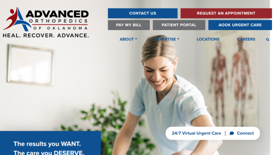 Advanced Orthopedics of Oklahoma homepage with navigation and a hero image of a girl playing soccer, promoting advanced performance