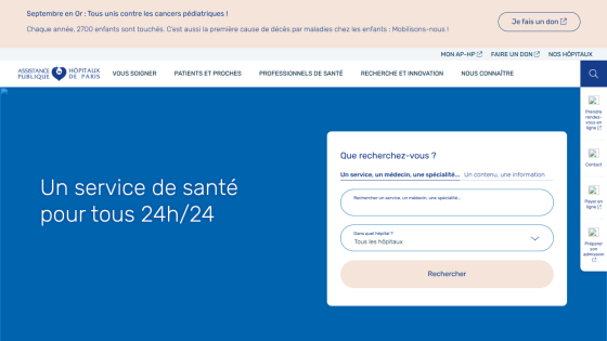 Health service website with a search bar for services available 24/7.
