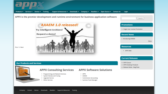 APPX Software homepage with navigation, AXAEM 1.0 release announcement, consulting services, and software solutions