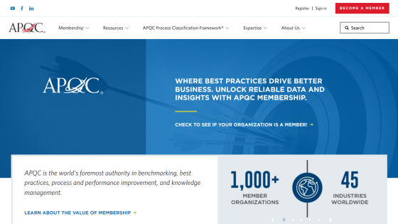 APQC homepage featuring membership benefits and statistics about organizations and industries.