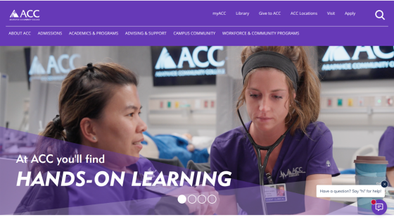 Arapahoe Community College website header and hero section promoting hands-on learning with nursing students in a clinical setting