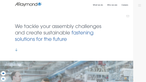 ARaymond website with navigation and headline about tackling assembly challenges and sustainable fastening solutions